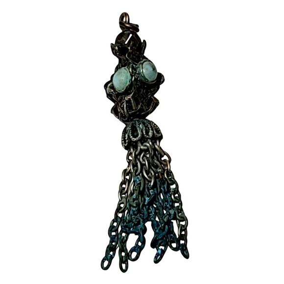 Antique Chain Dangle Pendant 2" Small Baby Blue Cabochons Patina - Picture 1 of 7